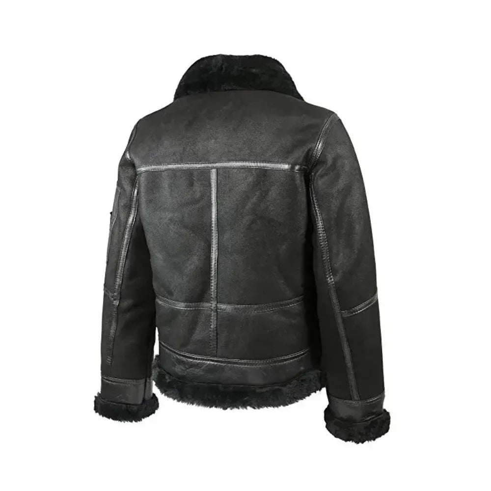 Men's Aviator B16 Shearling Fur Black Sheepskin Leather Jacket