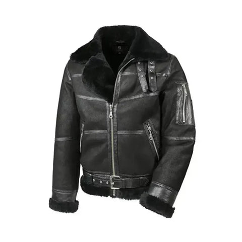 Men's Aviator B16 Shearling Fur Black Sheepskin Leather Jacket