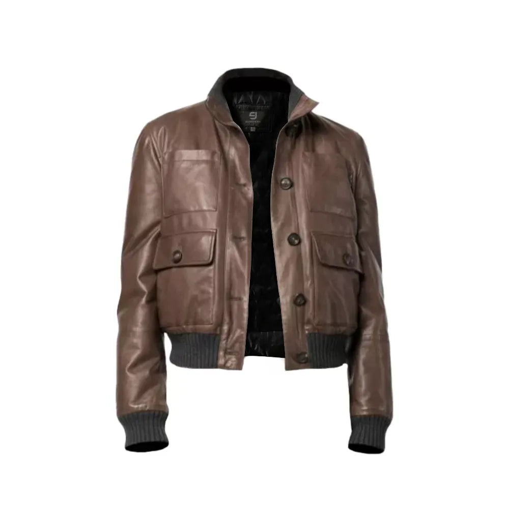 Women Brown Real Leather Bomber Jacket