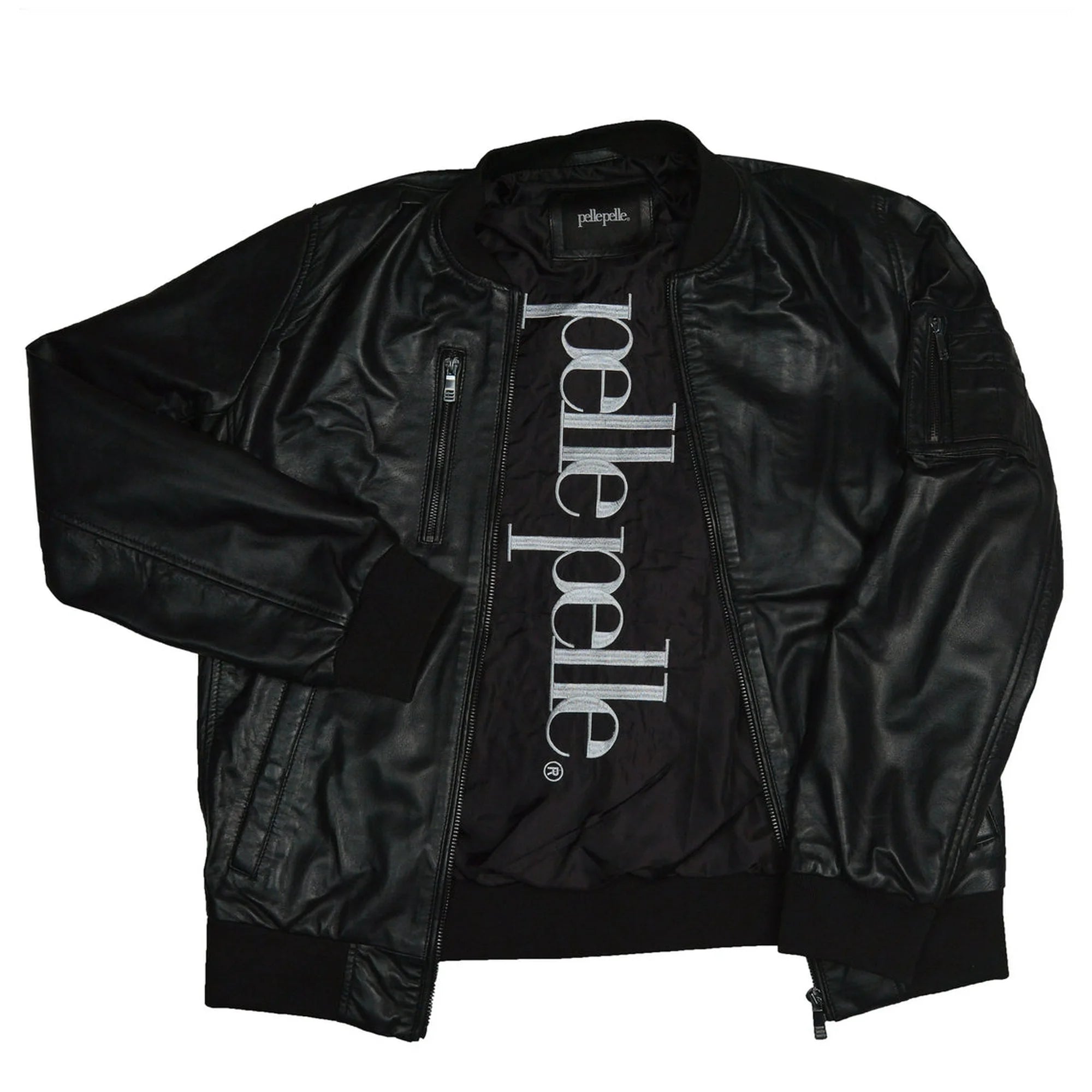 New Pelle Pelle Black Leather Bomber Jacket-Cow hide