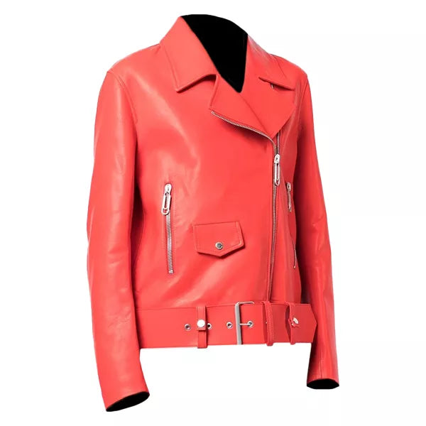 Womens Red Leather Biker Jacket