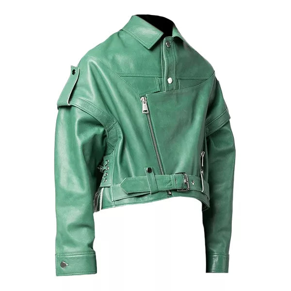 Leather Green Biker Jacket Womens