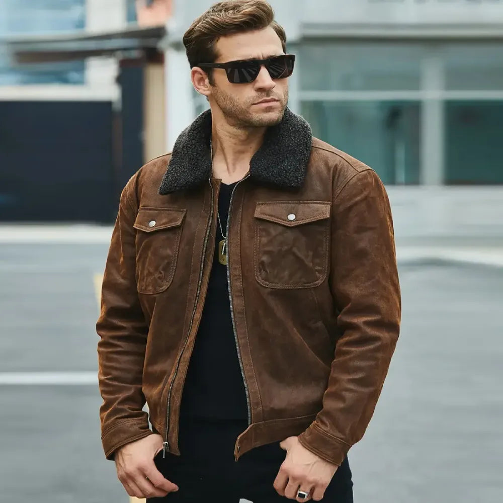 Men's Outdoor Shearling Leather Jacket In Motorcycle style