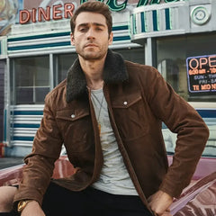 Men's Outdoor Shearling Leather Jacket In Motorcycle style