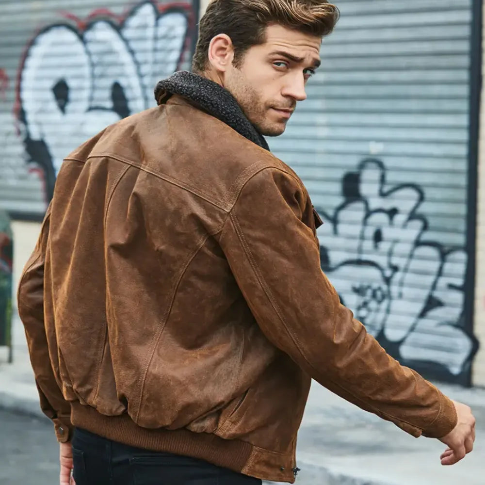 Men's Outdoor Shearling Leather Jacket In Motorcycle style