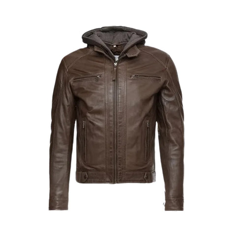 Lamb Skin Hooded Brown Genuine Leather Jacket