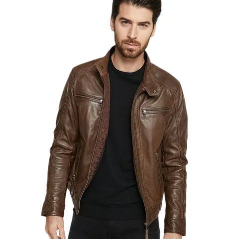 Lamb Skin Hooded Brown Genuine Leather Jacket