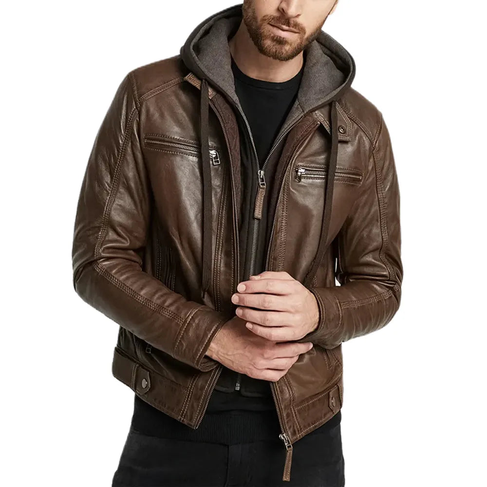 Lamb Skin Hooded Brown Genuine Leather Jacket