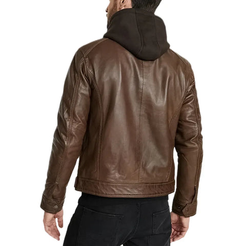 Lamb Skin Hooded Brown Genuine Leather Jacket