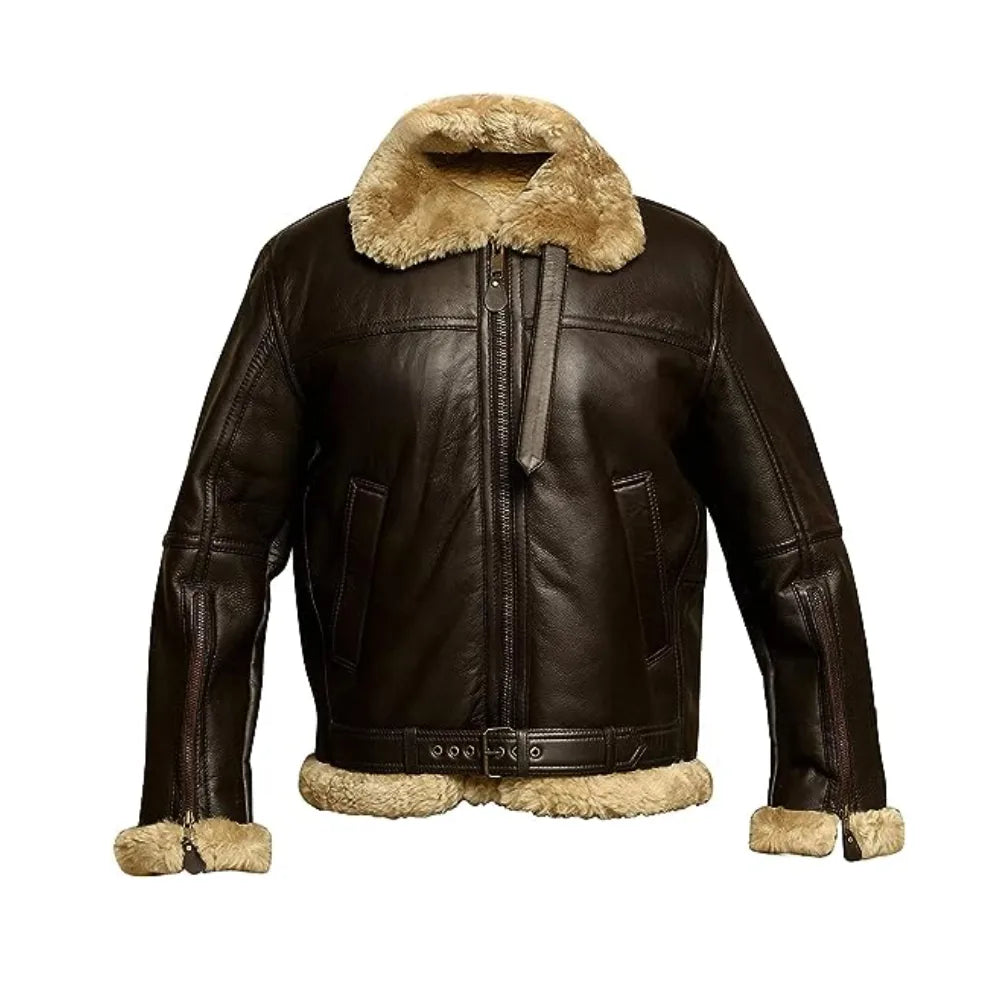 Mens RAF Aviator B3 Bomber Faux Fur Leather Jacket