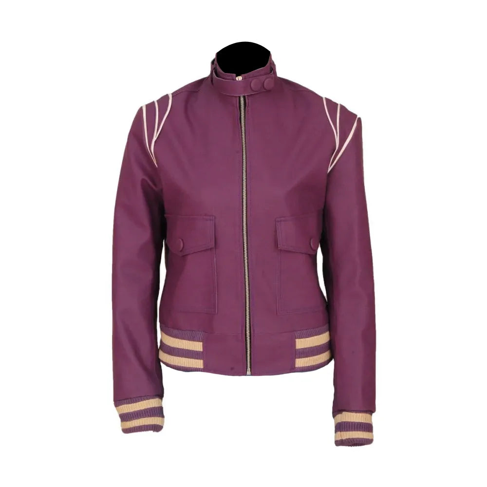 Alison Brie Purple Glow Leather Jacket | Ruth Wilder Jacket