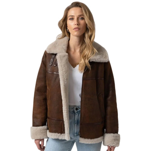 Women B3 Bomber Shearling Brown Sheep Skin Leather Jacket