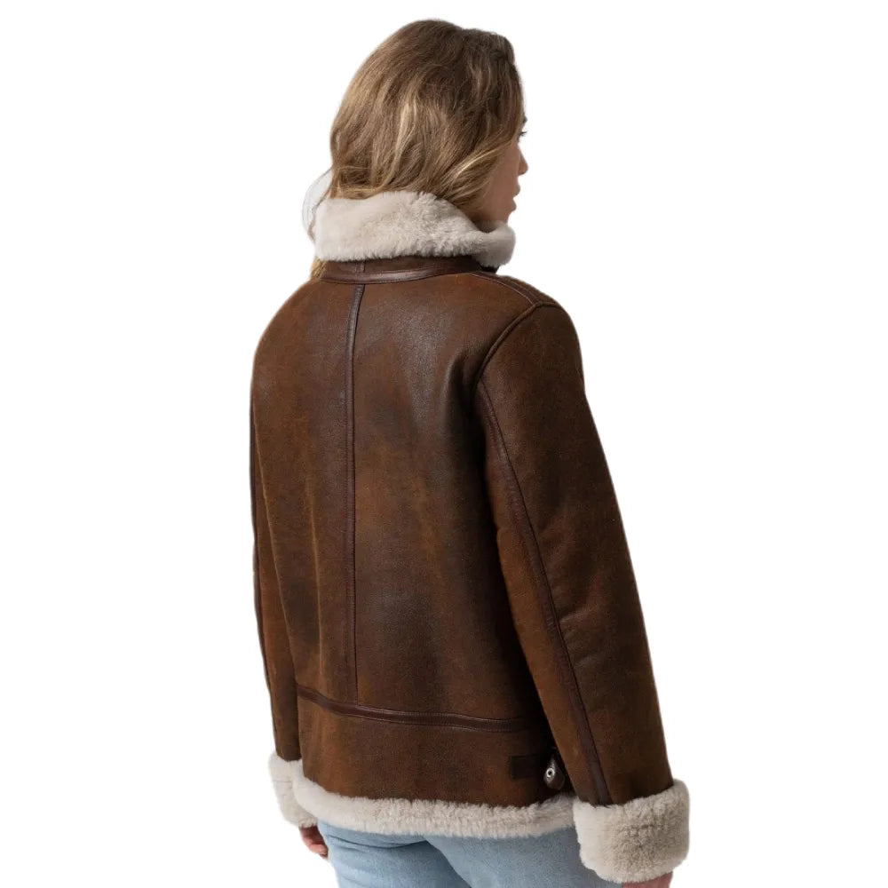 Women B3 Bomber Shearling Brown Sheep Skin Leather Jacket