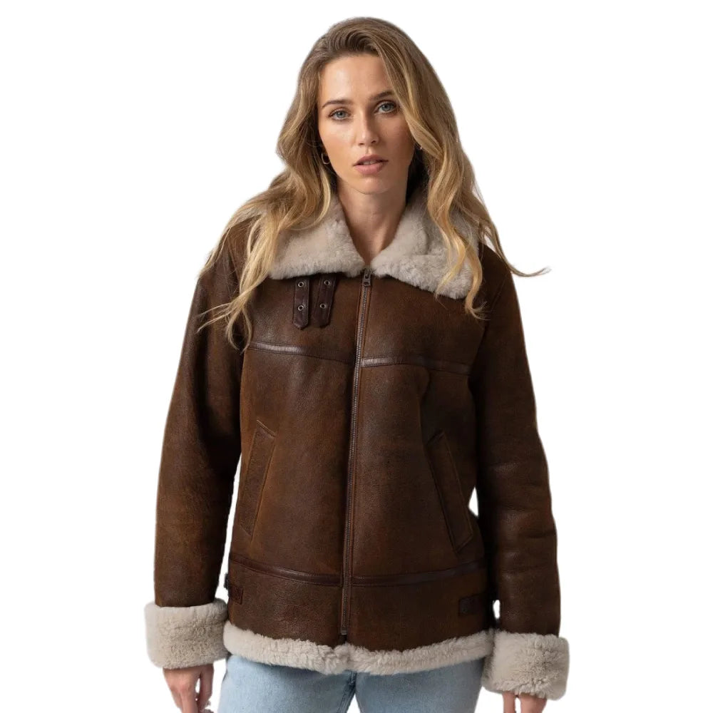 Women B3 Bomber Shearling Brown Sheep Skin Leather Jacket