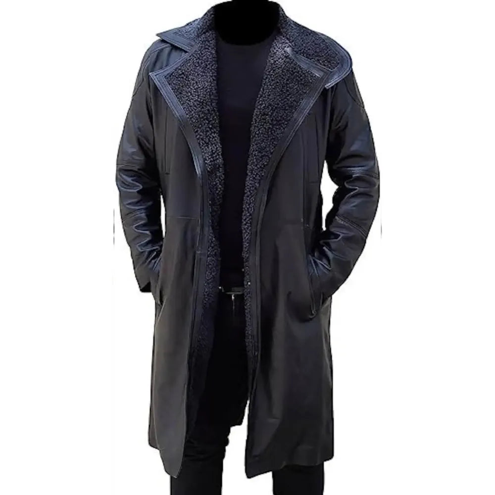 Ryan Gosling Blade Runner Men's Black Leather Fur Trench Coat