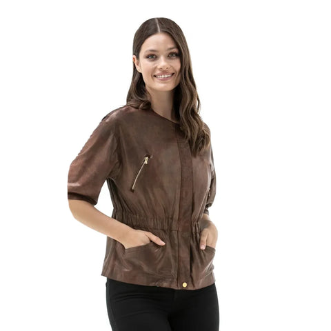 Women Brown Antique Lambskin Half Sleeves Leather Jacket