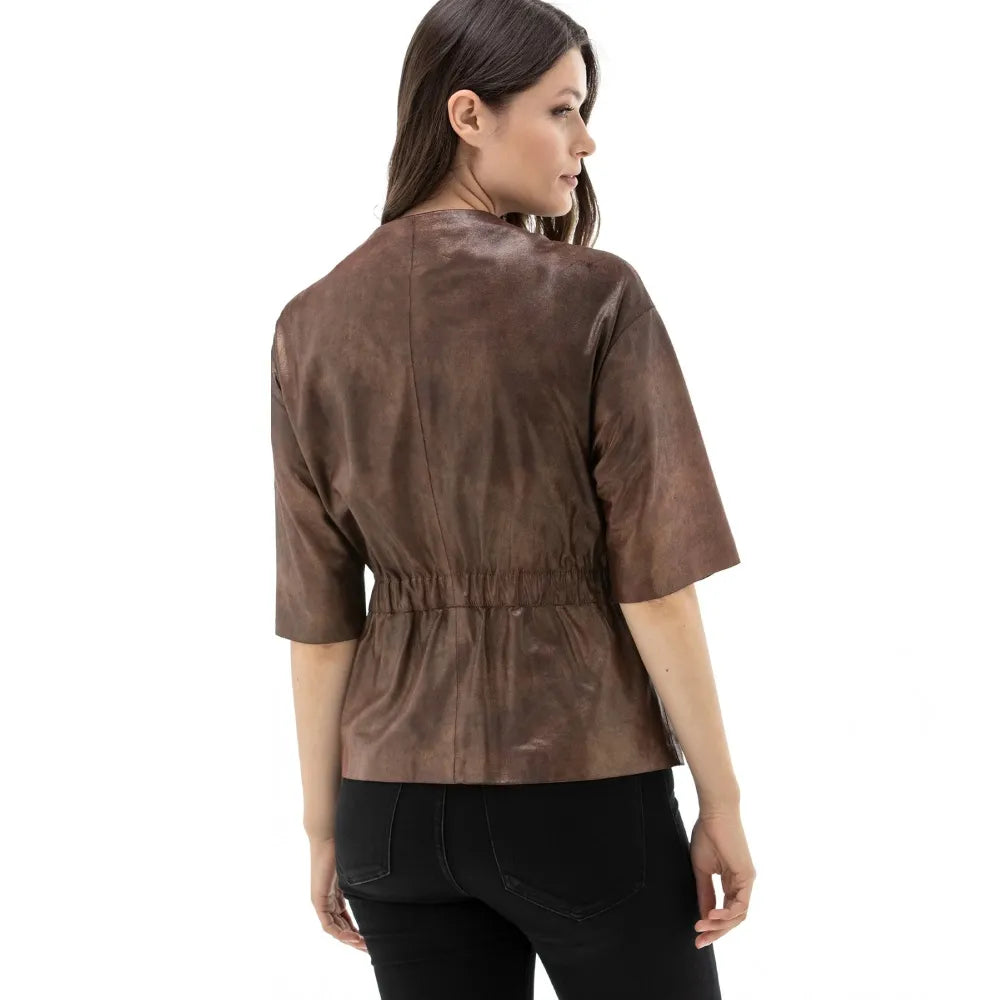 Women Brown Antique Lambskin Half Sleeves Leather Jacket