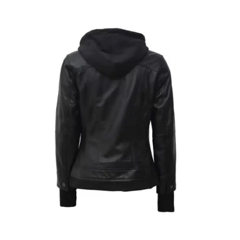 Women's Black Biker With Removable Hood Bomber Leather Jacket