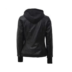 Black Biker With Removable Hood Bomber Leather Jacket