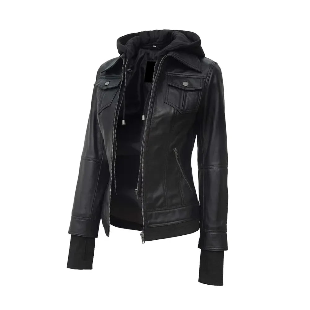 Women's Black Biker With Removable Hood Bomber Leather Jacket