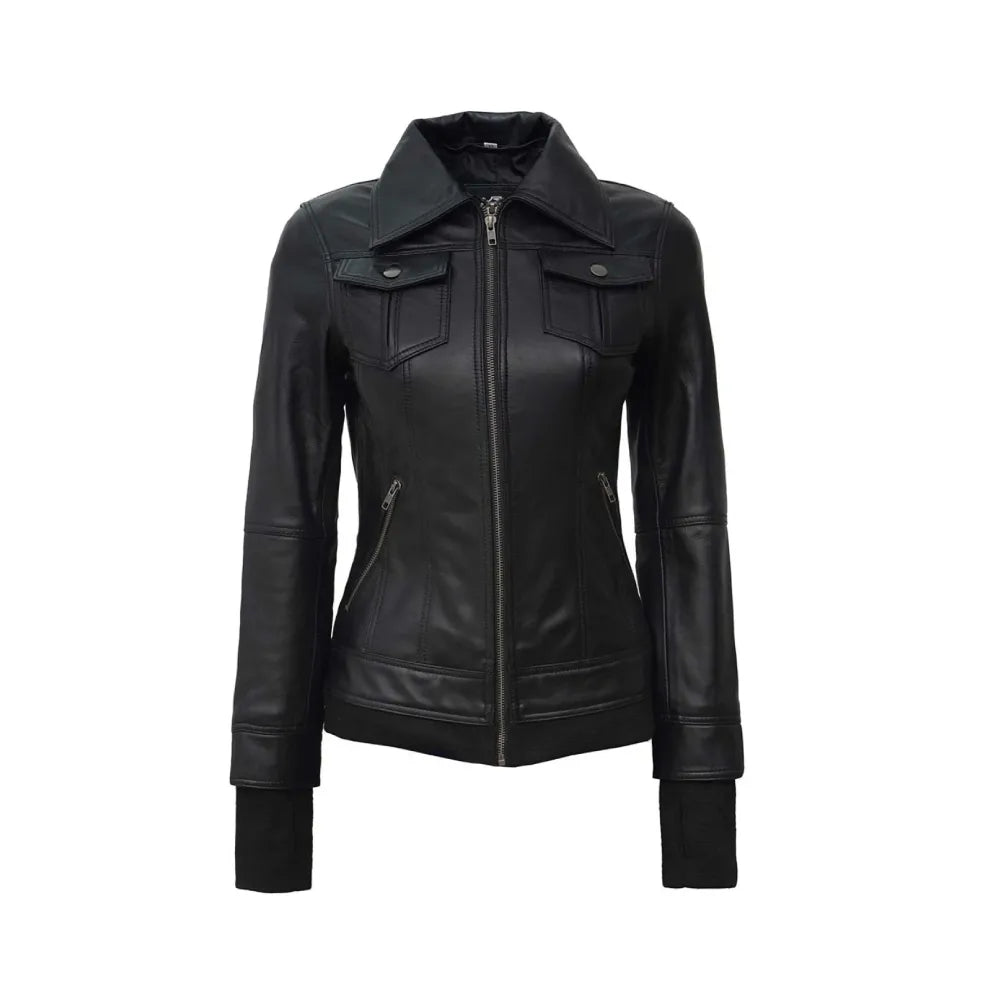 Women's Black Biker With Removable Hood Bomber Leather Jacket