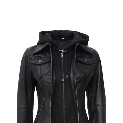 Women's Black Biker With Removable Hood Bomber Leather Jacket