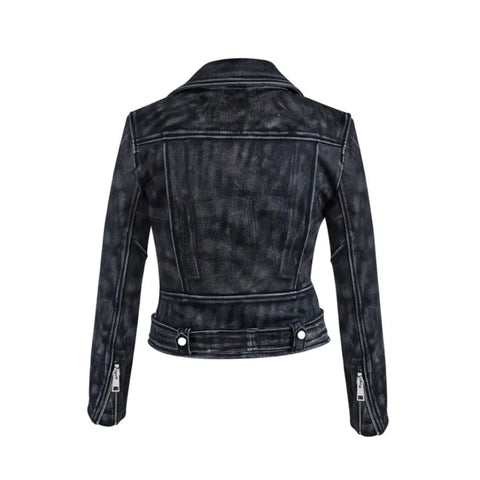 VINTAGE DISTRESSED BLACK D POCKET BIKER LEATHER JACKET WOMENS