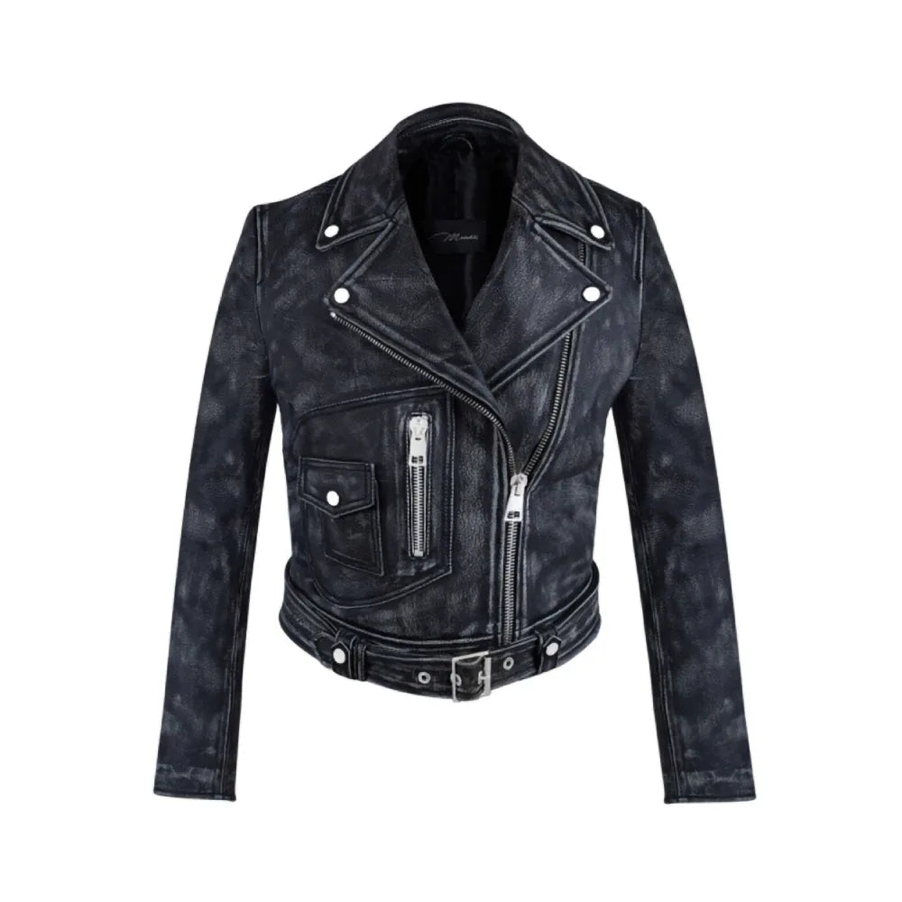 VINTAGE DISTRESSED BLACK D POCKET BIKER LEATHER JACKET WOMENS