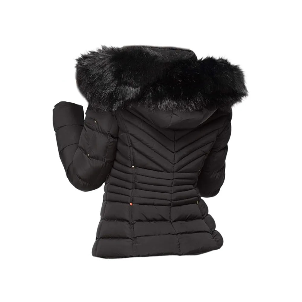 Womens Quilted Puffer Jacket With Faux Fur Hooded Collar