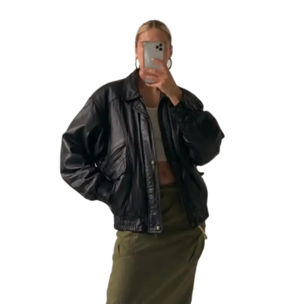Vintage 90s Oversized Black Bomber Leather Jacket for Women