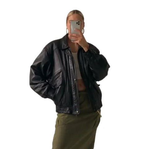 Vintage 90s Oversized Black Bomber Leather Jacket for Women