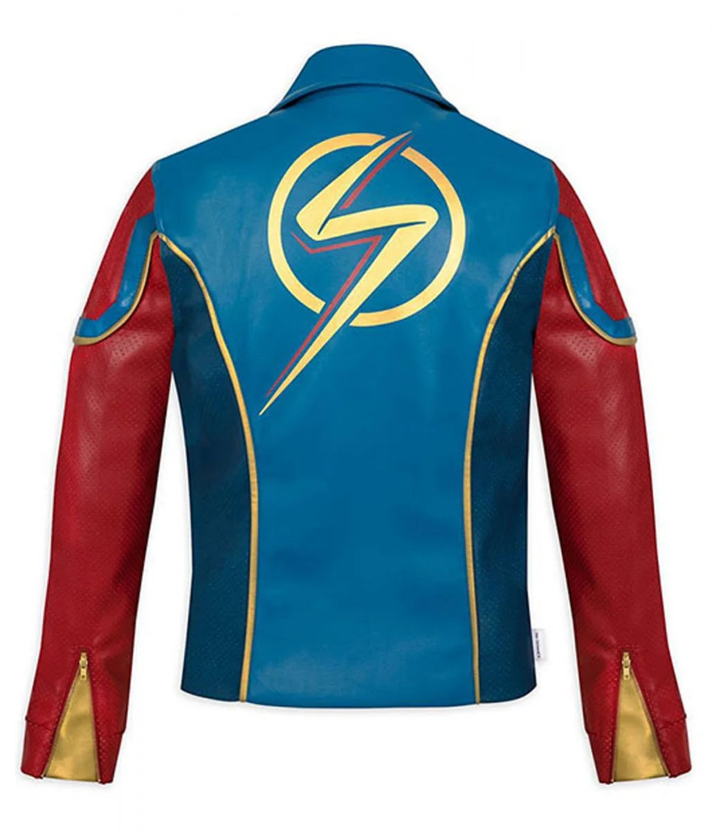 Disney Universe Ms Marvel Kamala Khan Iman Vellani Simulated Blue Cosplay Leather Jacket