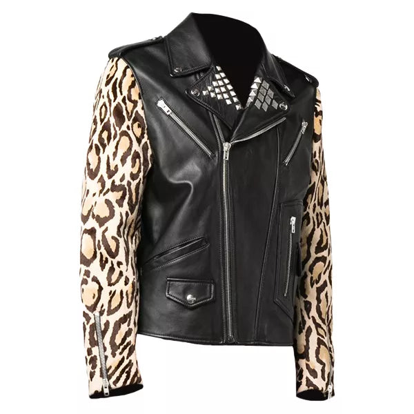 Leopard Sleeve Biker Jacket