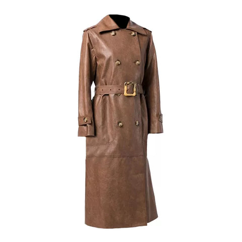 Long Leather Trench Brown Coat Womens