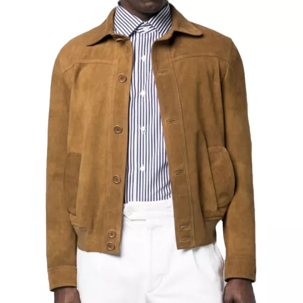 Brown Suede Bomber Leather Jacket Men
