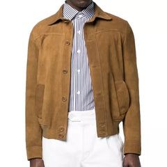 Brown Suede Bomber Leather Jacket Men