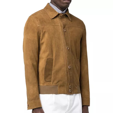 Brown Suede Bomber Leather Jacket Men