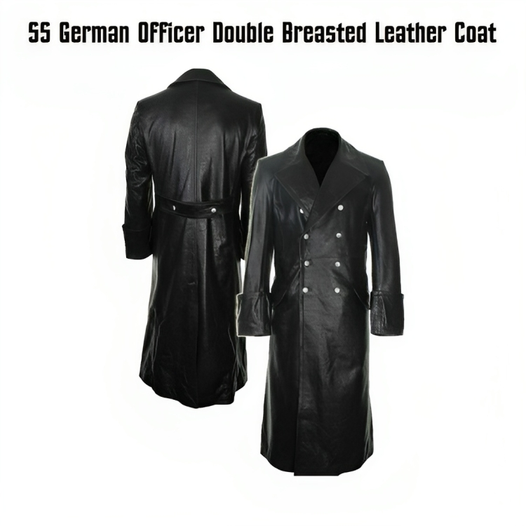 German Classic Officer Military World War 2 Trench Black Costume Leather Coat