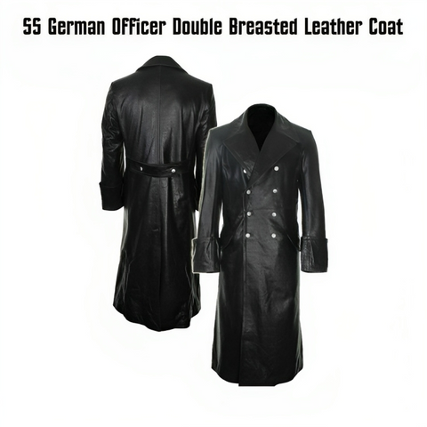 German Classic Officer Military World War 2 Trench Black Costume Leather Coat