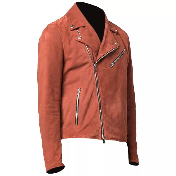 Mens Orange Suede Moto Asymmetrical Collar Jacket