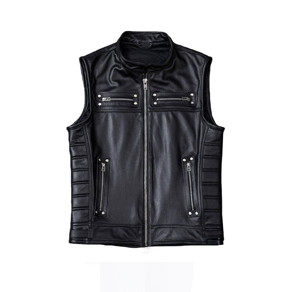 Men's Biker Style Black Leather Vest