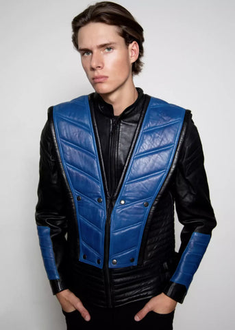 Men's Biker Mortal Combat Tabard Ninja blue and Black Faux Leather Jacket