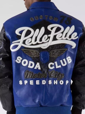 Men's Pelle Pelle Black & Blue Motor City 1978 Soda Club Biker Leather Jacket