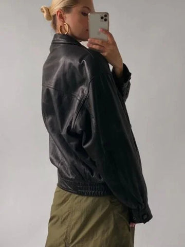 Vintage 90s Oversized Black Bomber Leather Jacket for Women