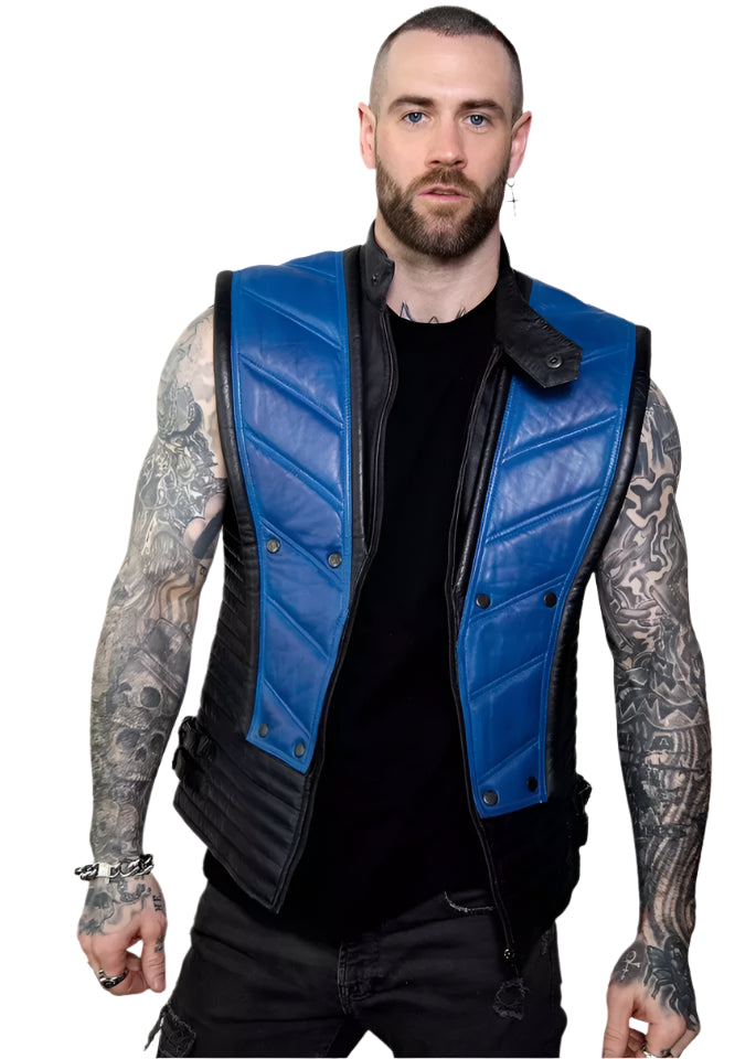 Men's Biker Mortal Combat Tabard Ninja blue and Black Faux Leather Jacket