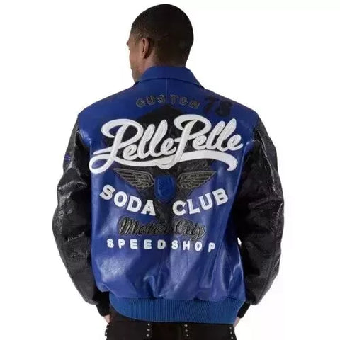 Men's Pelle Pelle Black & Blue Motor City 1978 Soda Club Biker Leather Jacket