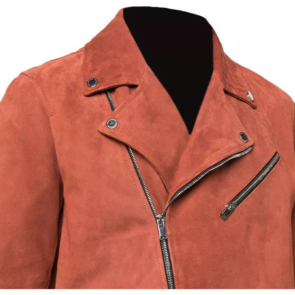 Mens Orange Suede Moto Asymmetrical Collar Jacket