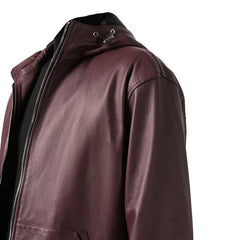 Mens Maroon Hooded Leather Zip Up Jacket