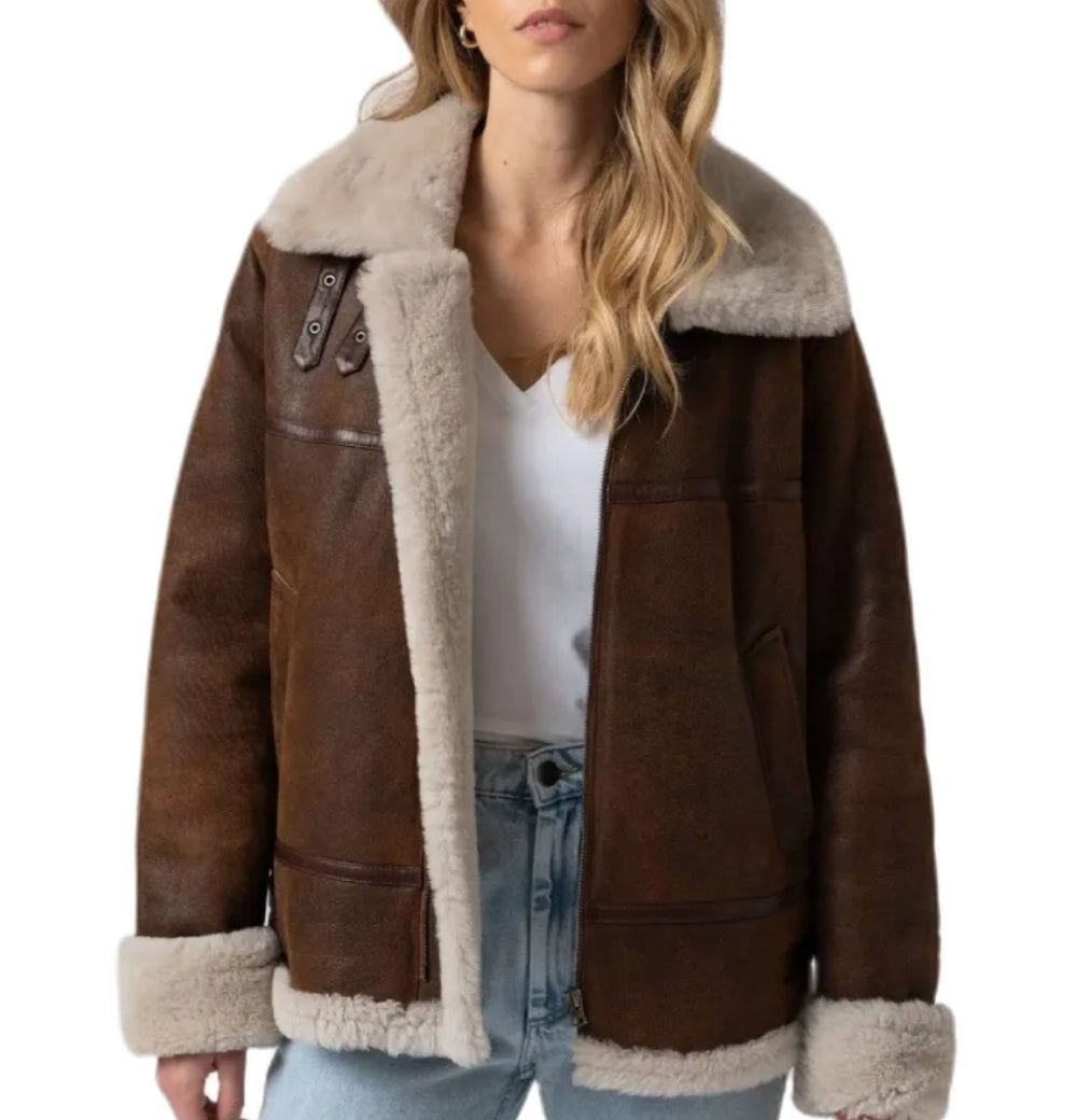 Women B3 Bomber Shearling Brown Sheep Skin Leather Jacket
