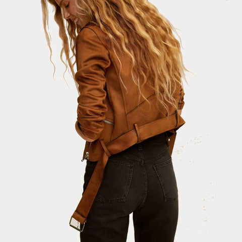 Women's Suede Leather Jacket | Brown Biker Jacket for Women